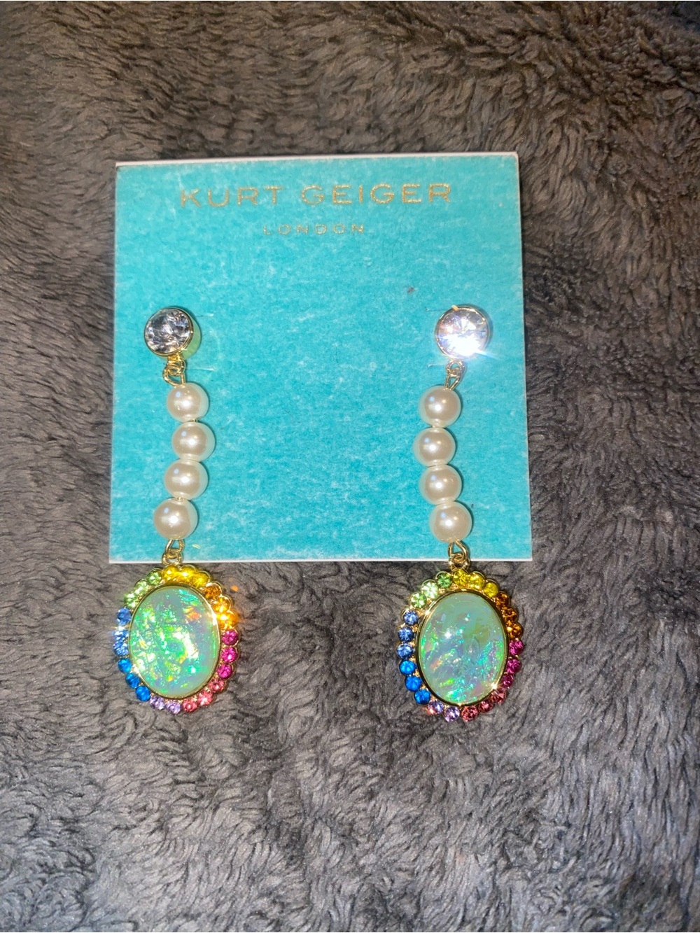 Kurt Geiger Rainbow Opal Drop Earrings with Pearl Chain
